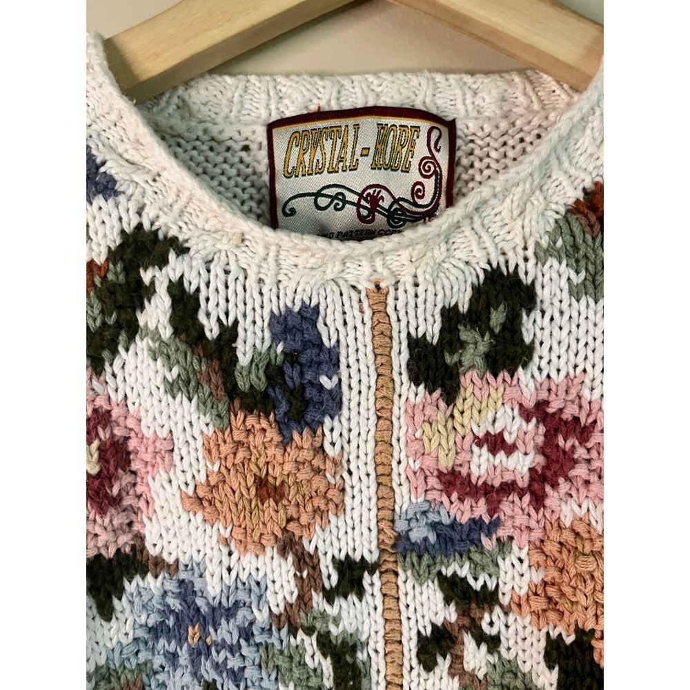 Cristal-Kobe Vintage Floral Tapestry Chunky Knit Sweater Petite Cream Multi 90s - Picture 12 of 14